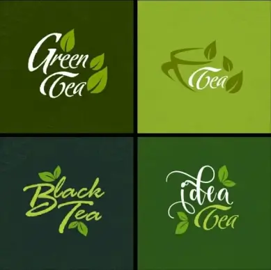 tea advertising sets green leaves icons calligraphic decoration