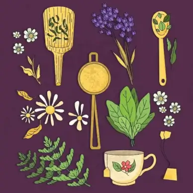tea art design elements cup flowers leaf icons