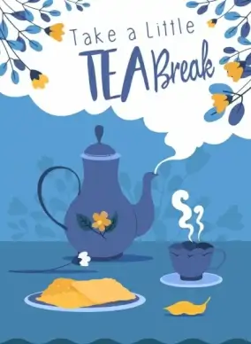 tea break banner cup pot flowers leaves decor