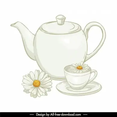 tea break design elements daisy teapot cup sketch classic handdrawn 