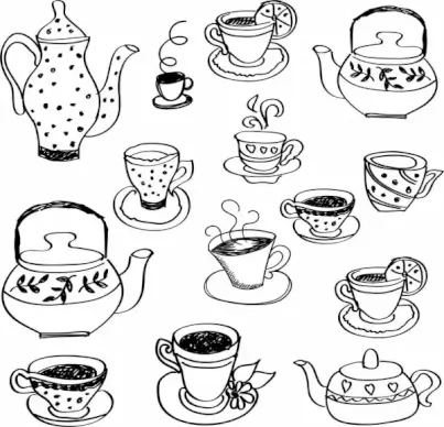 tea cup pot icons black white handdrawn sketch