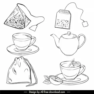tea object lineart icons flat black  white handdrawn outline 