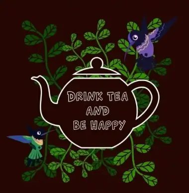 tea promotion banner pot birds green leaves decoration