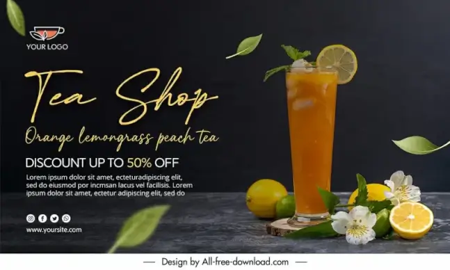 tea shop banner template elegant luxury cocktail fruit flowers leaves