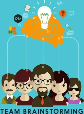 team brainstorming background colored human lightbulb icons