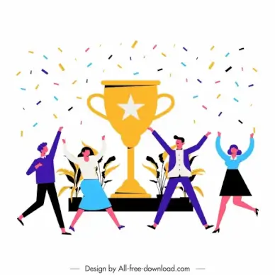 team work background joyful staffs trophy icons sketch