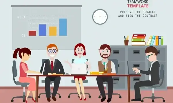 team work drawing staffs office workplace colored cartoon