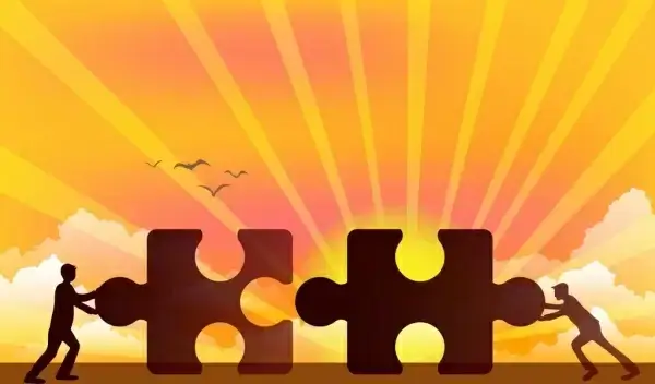 teamwork background puzzle human silhouette sun ray decor