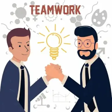 teamwork banner men shaking hands lightbulb icons