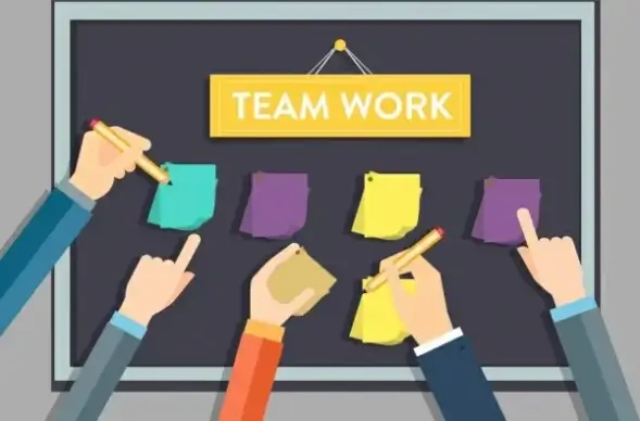 teamwork drawing hands stick notes blackboard icons