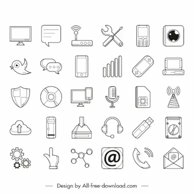 technology icon sets flat black white classic symbols sketch