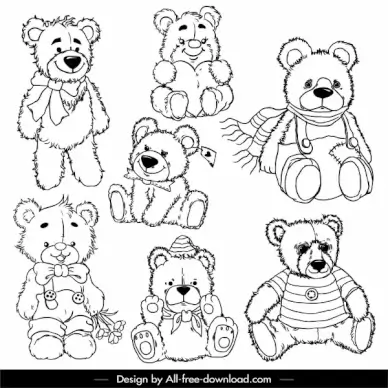teddy bears icons black white handdrawn sketch