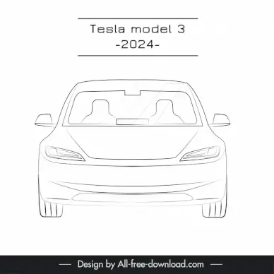 tesla model 3 2024 front view template black white handdrawn outline