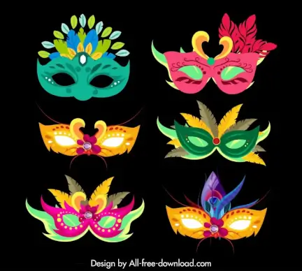 the mask carnival design elements flat colorful classical feathers decor
