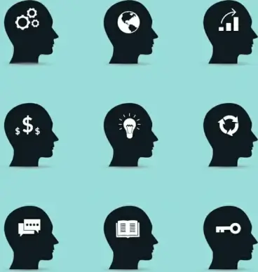 thoughtful human head icons collection black silhouette style