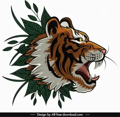tiger head icon classical design leaves decor