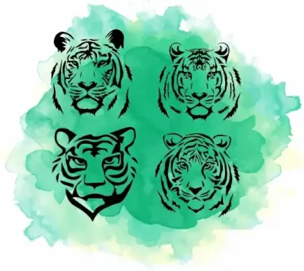 tiger head icons collection watercolor grunge handdrawn design