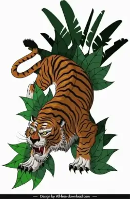 tiger icon hunting gesture sketch colored cartoon design