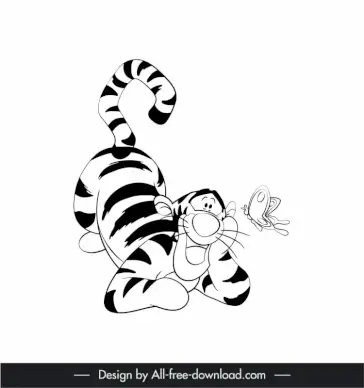 tiger pooh cartoon character icon black white outline
