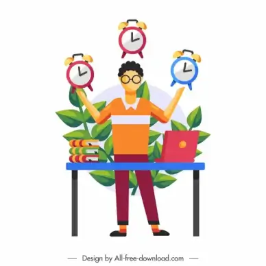time conceptual background man clocks sketch colorful flat