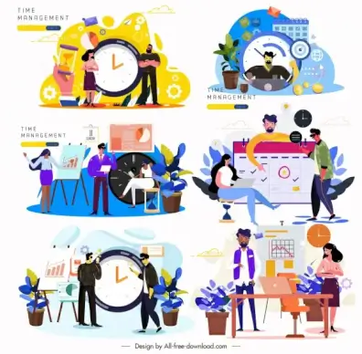 time management banners clocks working human icons sketch