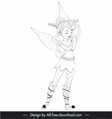 tinker bell cartoon character icon black white handdrawn outline  