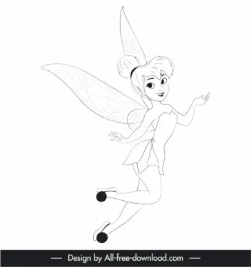 tinker bell fairy character icon black white handdrawn cartoon outline