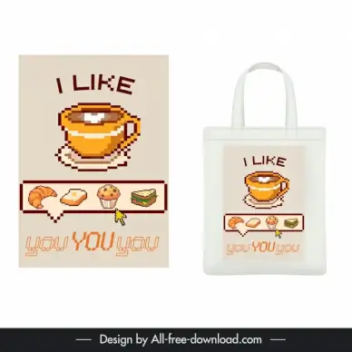tote bag pixel art design elements flat breakfast elements