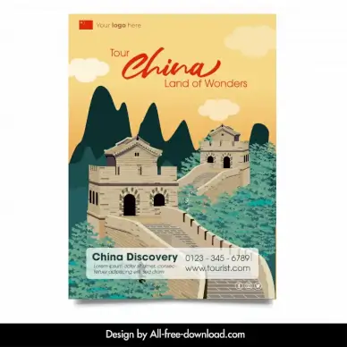 tour china travel flyer template classic great wall scene 