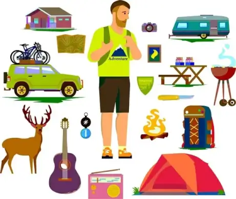 tourist symbols icons isolated with human and tools