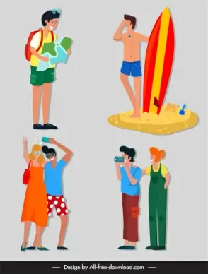 tourists icons funny cartoon characters sketch