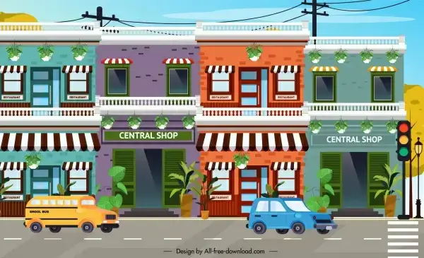 town background shops facade cars street decor