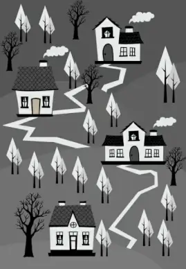 town landscape drawing black white retro design