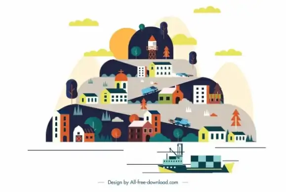 town landscape painting colorful classic sketch