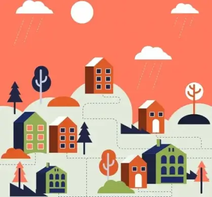 town layout sketch buildings trees icons
