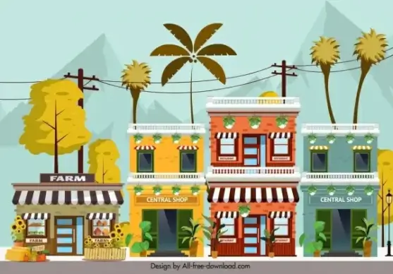 town scene painting store facade icons colorful design