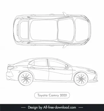 toyota camry 2021 lineart template black white handdrawn flat top view side view outline 