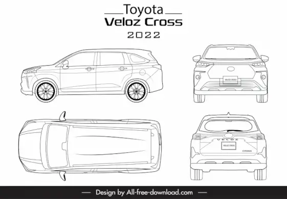 toyota veloz cross 2022 car models advertising template black white handdrawn different views outline
