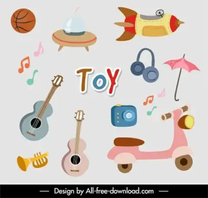 toys icons colorful flat objects sketch