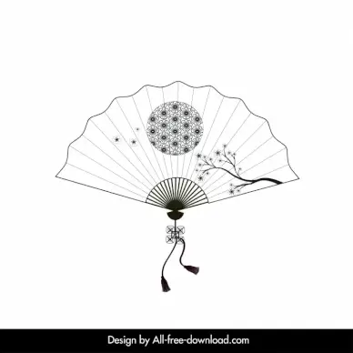 traditional japanese fan icon black white cherry blossom sun outline
