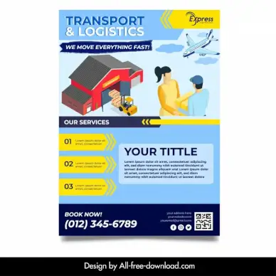 transport and logistics flyer template modern design 3d warehouse airplane shipper sketch