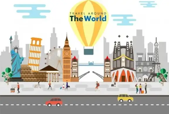 travel background with famous places symbols collection