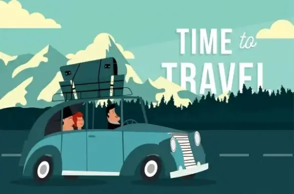 travel banner people car luggage icons cartoon design