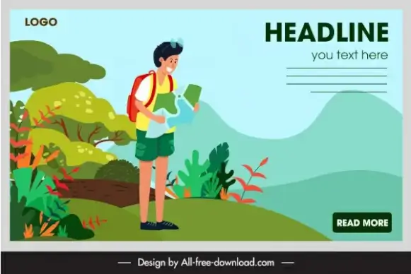 travel banner template backpack tourist sketch cartoon design