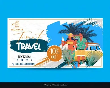 travel banner template cartoon tourists van trees