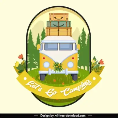 travel banner template colorful classic bus luggage sketch