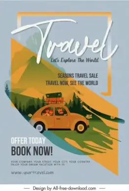 travel banner template family car sketch grunge decor