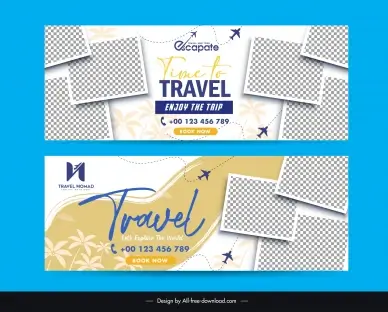 travel banner templates checkered picture silhouette airplane coconut trees