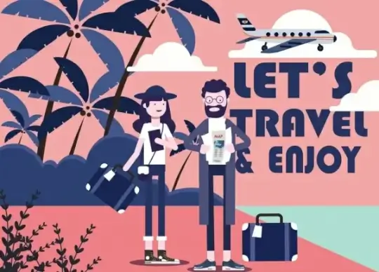 travel banner tourists beach scene airplane icons decor