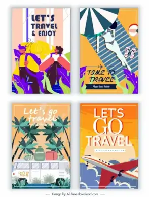 travel banners templates bus airplane tourists sketch